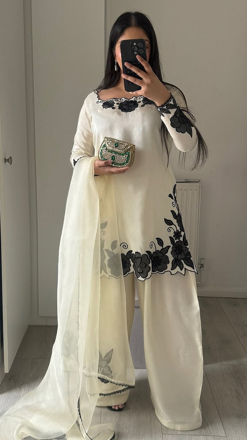 White Zauq Embroidered 3Pc